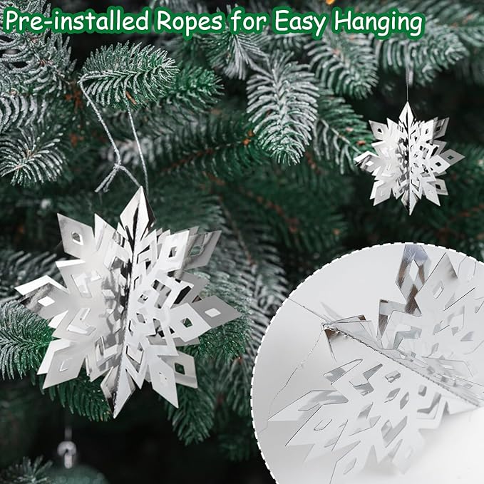 OuMuaMua Christmas Snowflake Decorations Indoor, 36PCS 3D Silver Hanging Snowflakes Garland for Winter Wonderland Decor Xmas Christmas Party Baby Shower Holiday Home Decorations