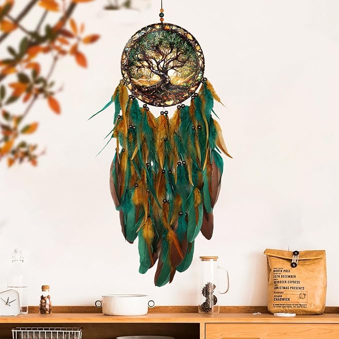 Dream Catcher Wall Hanging Decor for Bedroom Aesthetic, Handmade Traditional Wall Art with Feathers for Living Room, Nursery, Good Vibes Gift for Women,Girls,Home Decoration Wedding Party (Old Tree)