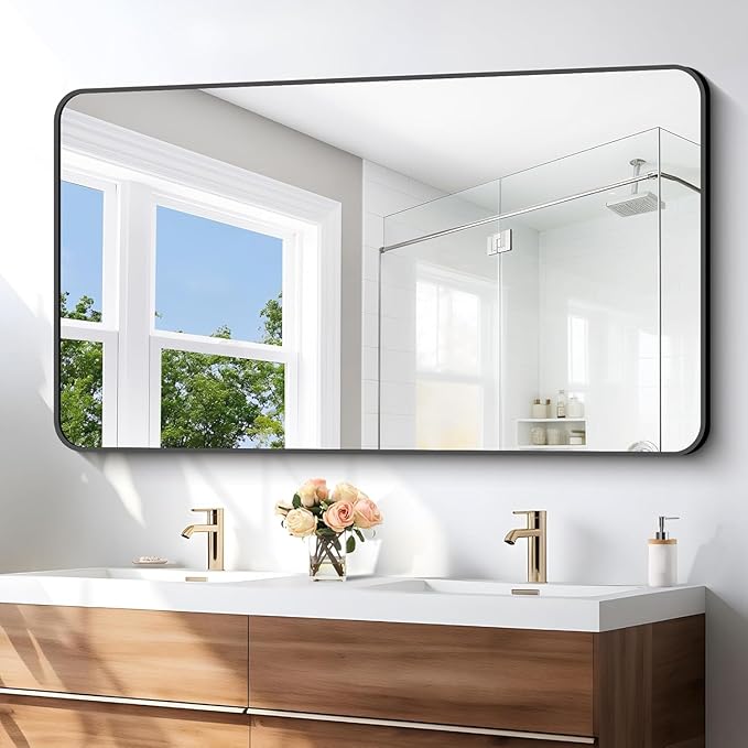 BONEWEI 30x55 inch Bathroom Mirror,Black Rectangle Mirror,Wall Mounted Bathroom Frame Vanity Mirror with Round Corner for Bedroom Living Room, Entryway Hangs Horizontal or Vertical