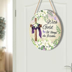 With Gold All Things are Possible Easter Front Door Sign Religious Cross Lily Flowers Wood Door Hanger Outdoor Outside Porch Decor Christian Lily Flowers Wooden Wreath Wall Hanging Decoration 12"x12"