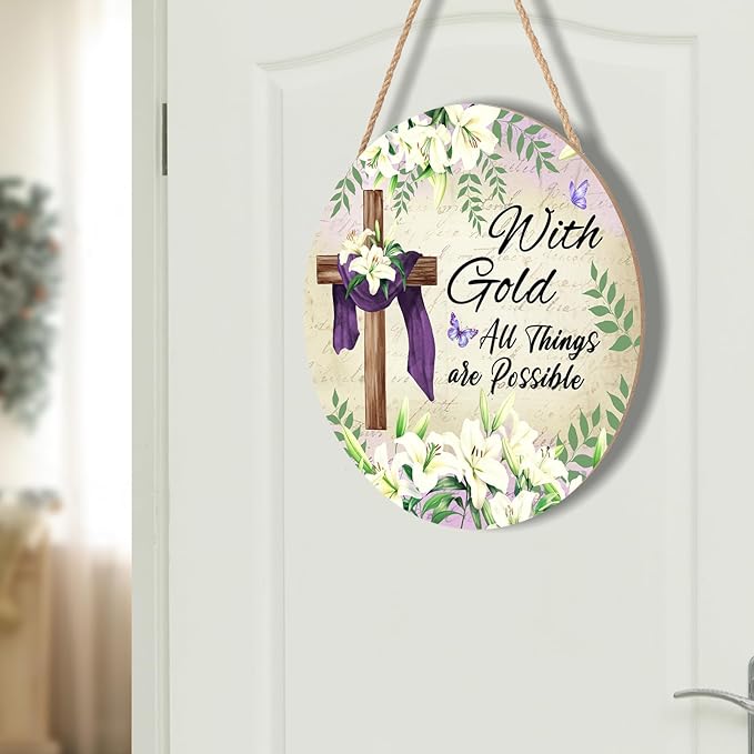 With Gold All Things are Possible Easter Front Door Sign Religious Cross Lily Flowers Wood Door Hanger Outdoor Outside Porch Decor Christian Lily Flowers Wooden Wreath Wall Hanging Decoration 12"x12"