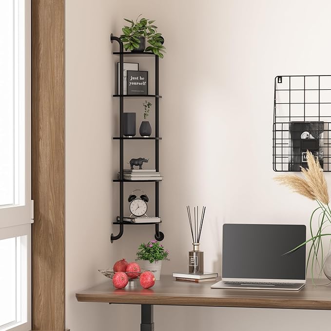 Tinpin Corner Shelf 5-Tier, Wall Shelves for Bedroom, Hanging Corner Shelves Wall Mount, Rustic Industrial Pipe Shelves for Bathroom Thanksgiving Day, Living Room Decor (Black)