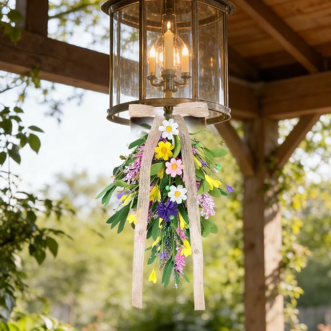 6 PCS Spring Summer Teardrop Swag with Bow Artificial Wildflower Sconce Lighting Swag Wreath Lavender Daisy Wisteria Candlestick Wreath Green Eucalyptus Floral Swag for Wall Cabinet Chandelier Decor