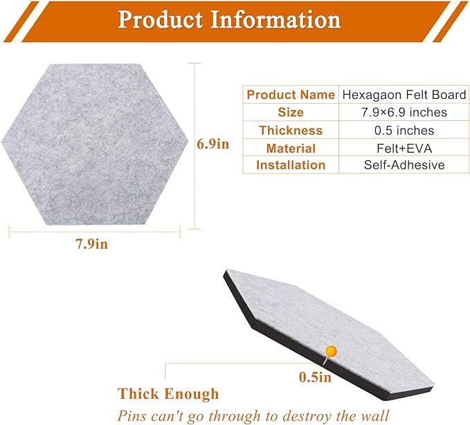 8Pcs Hexagon Felt Cork Board Tiles, Self Adhesive DIY Bulletin Board Pin Board for Office School Home Wall Decor Stickers Memos Photos Display (Black)