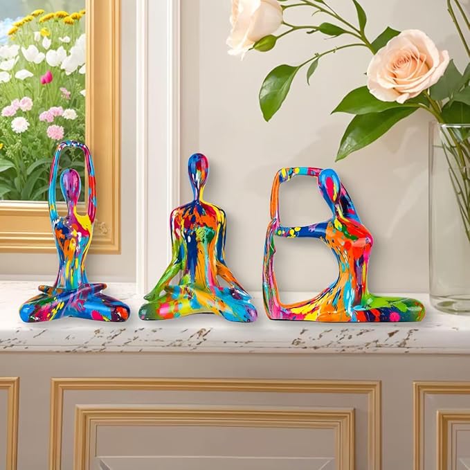 Colorful Abstract Yoga Figurines Set of 3 - Vibrant Graffiti Art Sculptures, Modern Home Decor Accents, Unique Gift for Yoga Lovers, Meditation Room & Living Room Shelf Desk Decor
