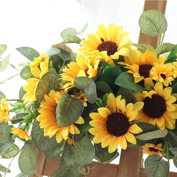 Artificial Sunflower Swag, 30Inch Decorative Flower Swag with Green Leaves Hanging Ornament Floral Swag Door Swag for Door Wedding Party Decoration