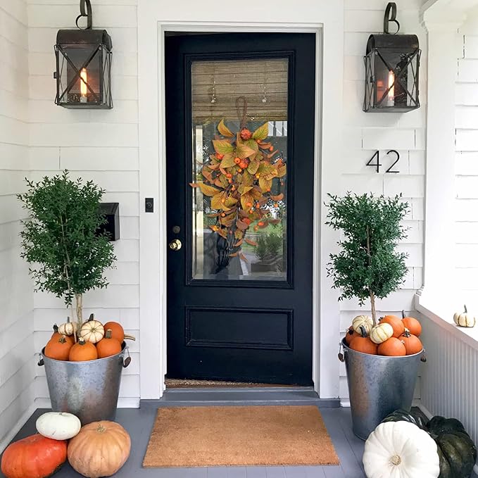 20 Inch Fall Harvest Swag, Artificial Fall Maple Swag Autumn Thanksgiving Day Halloween Decorative Teardrop, Halloween Wall Door Decor Sunflower Berry Fake Wreath (#2)