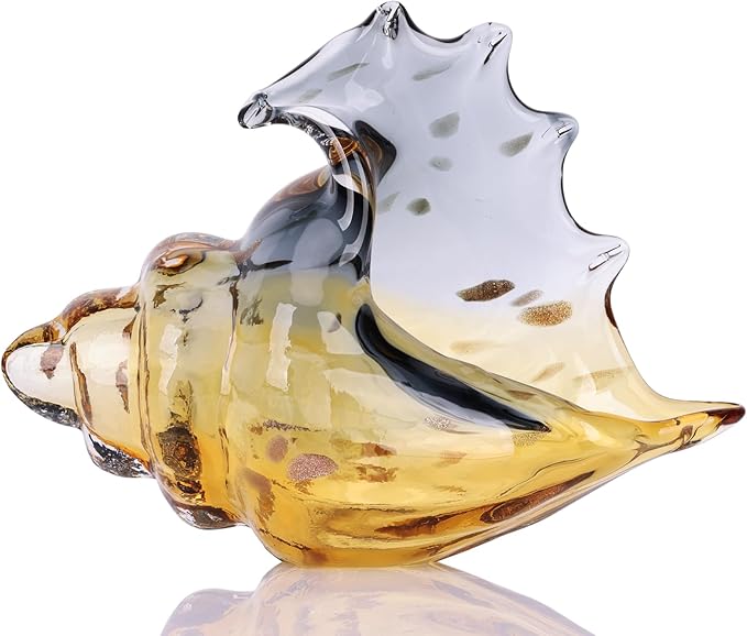 Hand Blown Glass Conch Statues, Gray and Amber Glass Art Figurines, Conch Shells for Coastal Home Decor, Living Room TV Stand and Bookcase Decor, Bathroom Shelf Tops and Cabinet Decor.