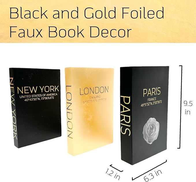 AZEZO Set of 3 Decorative Books for Home Decor – Decorative Hardcover Display Faux Books for Bookshelf and Coffee Table – Black and Gold Foiled – Paris London New York Themed
