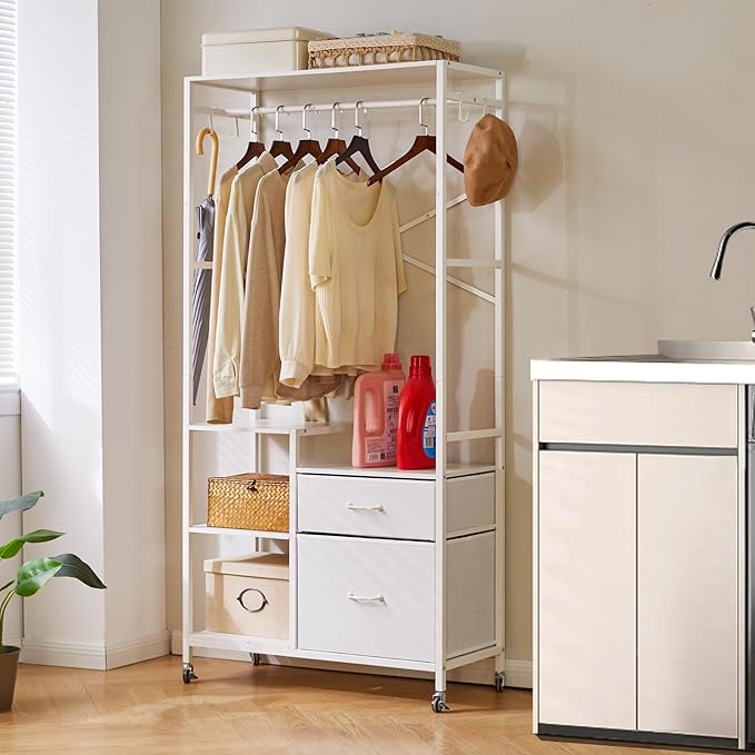 Clothes Rack for Hanging Clothes, 2 Drawers, Heavy Duty Garment Racks with Shelves, Clothes Rack with Hanging Hooks, White YD-TM080W