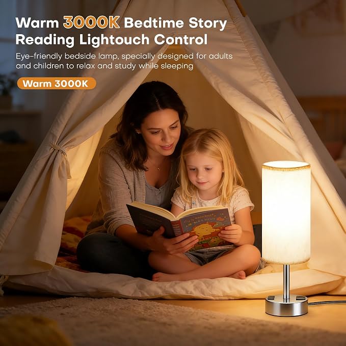 MOICO Bedside Table Lamp for Bedroom, 3-Way Dimmable Nightstand Lamp with USB C, USB A Ports & AC Outlet, Small Table Lamp Fabric Shade for Living Room Dorm Office, LED Bulb Included (14in Silver)