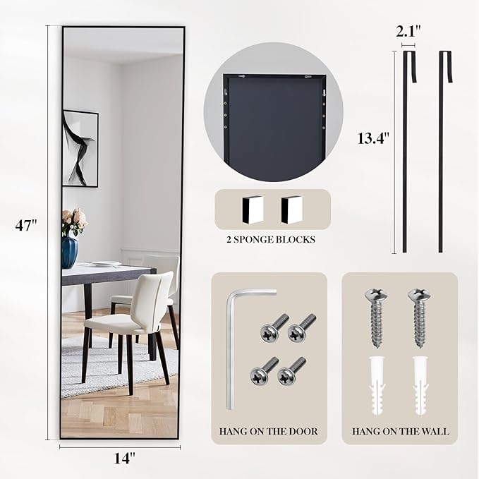 DUMOS 47x14 Inch Full Length Mirror Over the Door, Wall Mounted Full Body Mirror, Door Hanging Metal Aluminum Alloy Frame Dressing Mirrors for Bedroom, Living Room, Entryway, Black