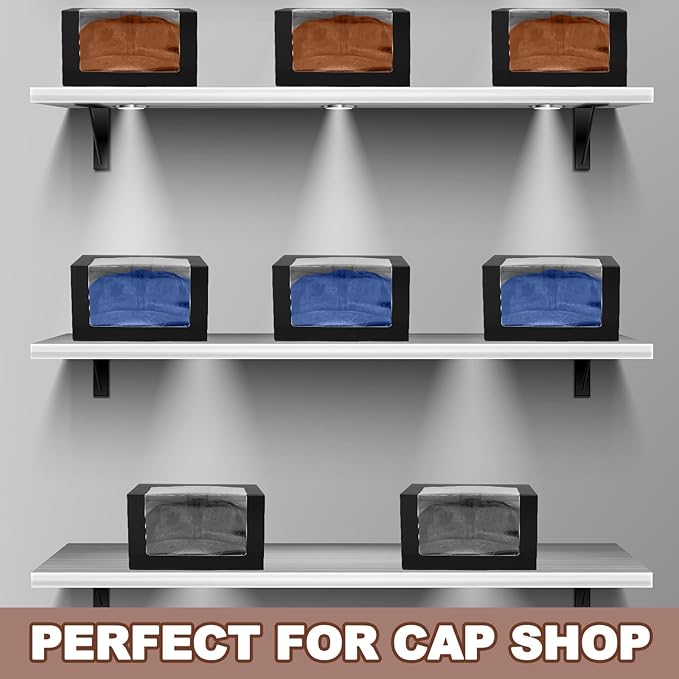 50 Pack Hat Boxes with Clear Window, Foldable Black Gift Boxes for Baseball Caps, Storage, Display and Shipping