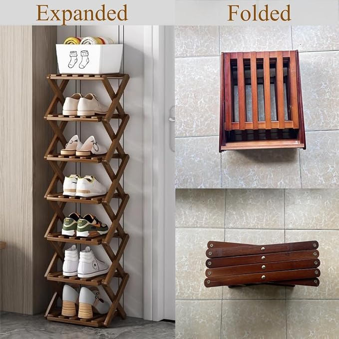 Foldable Shoe Rack, Bamboo Vertical Shoe Organizer Tall for Small Spaces. Multifunctional Narrow Shoe Shelf for Entryway, Closet, Corner, Bedroom, Hallway, Brown Color 5 Layers