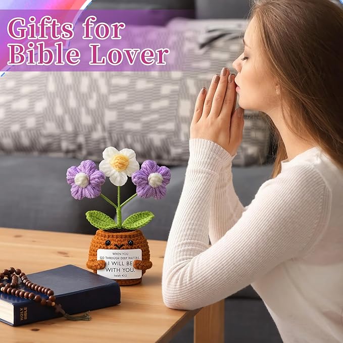 Wavwavw 6 Pcs Christian Gift for Women Inspirational Religious Gifts Positive Faith Scripture Crochet Handmade Bible Verse Crochet Doll with Prayer Card for Vbs Church(Puff)