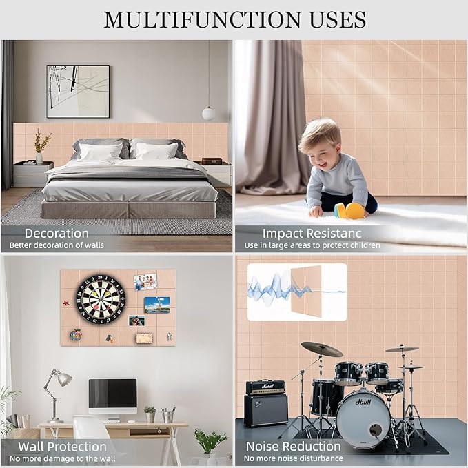 Large Felt Cork Board Alternative - 36" x 24" Bulletin Board with 30 Pushpins, 6 Pack Adhesive Cork Board, Sound Absorbing Fabric Wall Tiles, for Office Home Music Class, Cinnamon