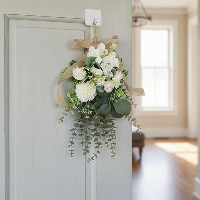 Gcroet Teardrop Wreath - White Artificial Floral Swag Eucalyptus and Chrysanthemum Hanging Decor for Wedding, Holiday, and Farmhouse Wall...
