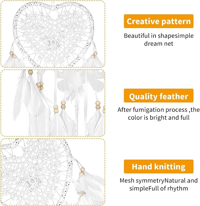 Dream Catcher,Lovely Heart Shape Dreamcatcher Handmade Lace Dream Catcher Feather Bead Wall Hanging Boho Woven Art Ornament Gift Craft Dreamcatcher Wind Chimes for Home Children Bedroom Decor (White)