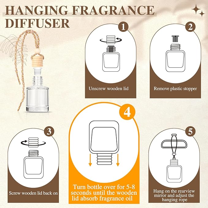 AROIC 4 Pack Car Air Freshener Hanging, Wooden Lid Essential Oil Air Freshener Hanging Car Diffuser, Natural Slow-Release Aroma for Auto Interior, Long-Lasting Fragrance Alternative to Spray Perfumes