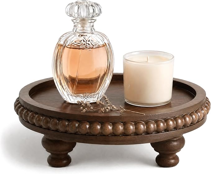 EOSAHR Acacia Round Wood Riser for Home Decor - Retro Beaded Pedestal Tray for Perfume Organizer, Plant Stand & Sponge Holder - Ideal for Kitchen Decor & Apartment Decor(Dark Acacia)