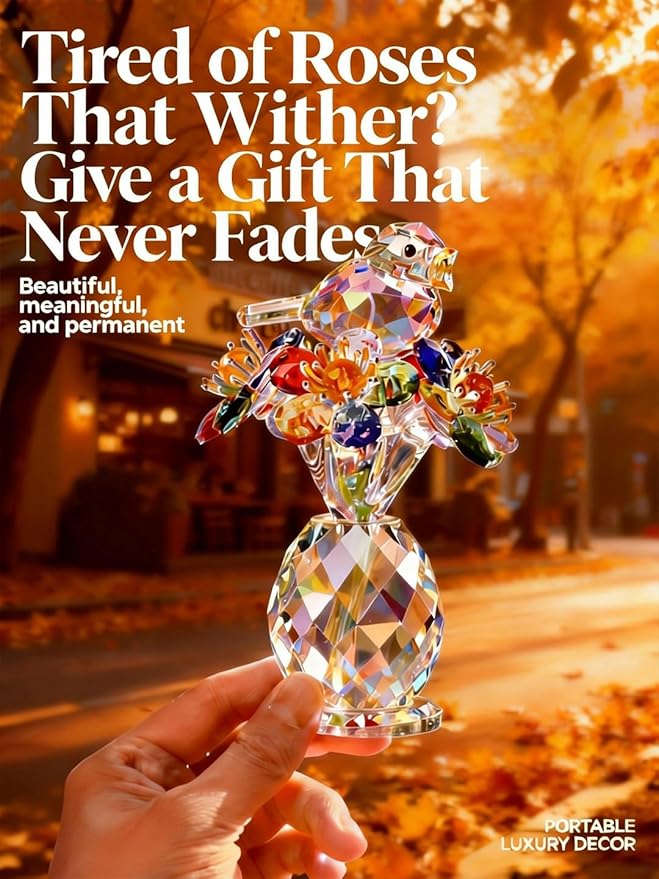 Crystal Figurines with Bird & Forget-Me-Not, 4.7 Inch K9 Crystal Keepsake & Paperweight, Romantic Home Decor Table Centerpiece for Mother Wife Sister (Colorful)