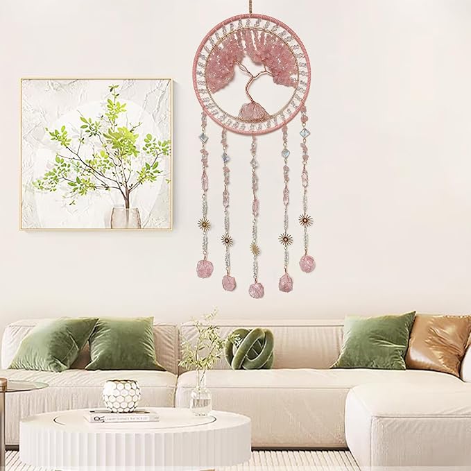 Crystal Tree of Life Dream Catchers with Stone Pendant Pink Dream Catcher Wall Decor Handmade Dreamcatcher Wall Hanging Ornament for Bedroom Living Room Home Decor