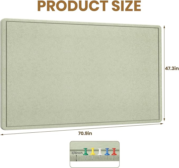Large Bulletin Board, 72 X 48 inches Cork Board with 30 Pushpin, 6' x 4' Felt Cork Board Notice Pin Board, Self-Adhesive Vision Board Mood Board Foldable Photo Board for Wall - Sage Green