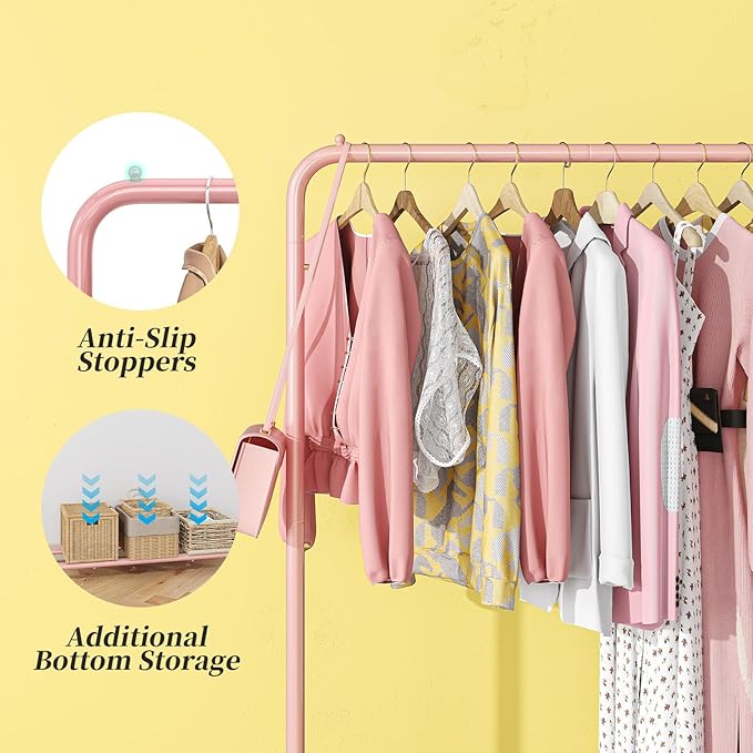 Simple Trending Standard Clothes Clothing Garment Rack with Storage Shelves, Rolling Clothes Organizer on Wheels for Hanging Clothes, Pink