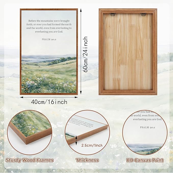 KAlRNE Natural Christian Framed Canvas Wall Art Set of 3(16”X24”),Religious Bible Verse Wall Decor,Vintage Inspirational Scripture Painting,Botanical Green Art Prints For Living Room Bedroom Church