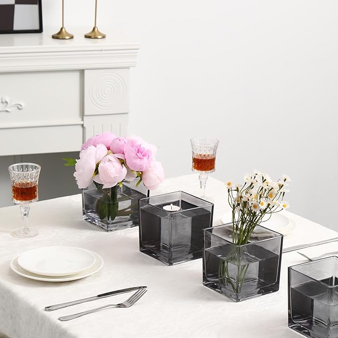Square Glass Vases Set of 9, 4"x 4"x 4" Flower Vases for Centerpieces, Grey Glass Vase for Flowers, Small Vase for Wedding, Party, Home Office Decoration