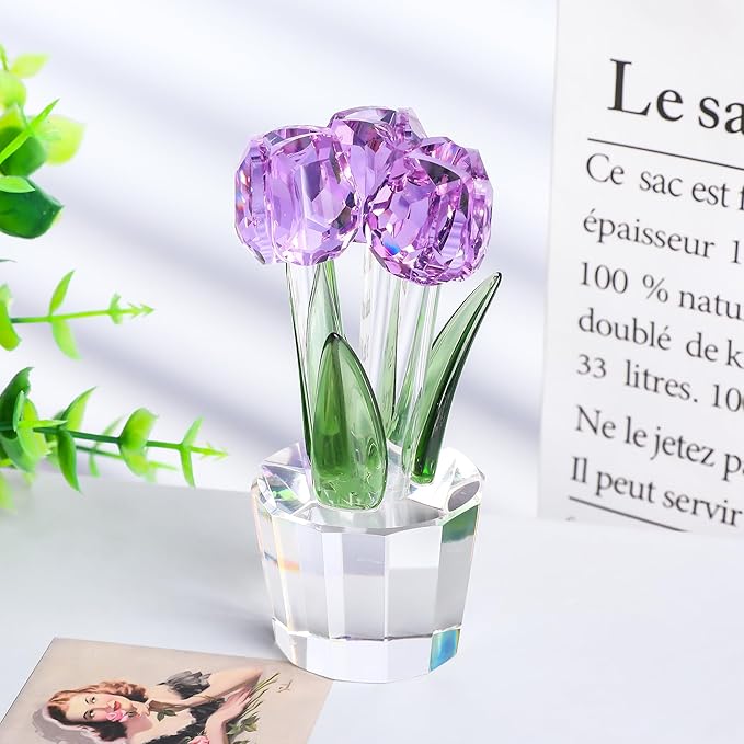 Movdyka Tulips Glass Flowers Figurines Crystal Decor Collectibles Crystal Purple Flowers Bouquet Ornaments Mothers Day Tulip Gifts for Women on Anniversary Wedding Christmas Valentines