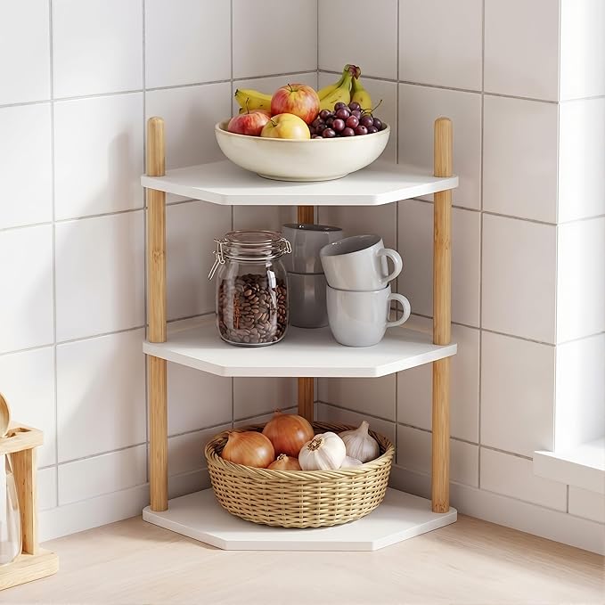 3-Tier Expandable Bamboo Corner Shelf - Dish/Plate Organizer for Cabinet, Kitchen Counter Shelf & Small Kitchen Shelf, Adjustable (White, 1-Pc 6.70" H)