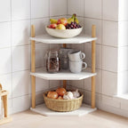 3-Tier Expandable Bamboo Corner Shelf - Dish/Plate Organizer for Cabinet, Kitchen Counter Shelf & Small Kitchen Shelf, Adjustable (White, 1-Pc 6.70" H)