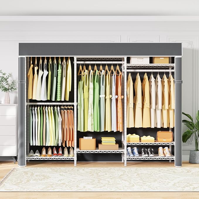 Ulif E13C Heavy Duty Closet Organizer System，Freestanding Clothing Racks for Hanging Clothes，Adjustable Garment Rack 63" W x 16" D x 77" H Hold 960 lbs，White Clothing Rack with Grey Dustproof Cover