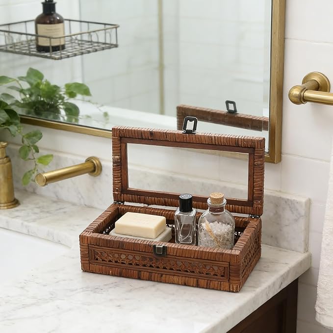 DECOR4SEASON Rattan and Cane Stacking Boxes with Glass Top Lid - Set of 2 11.8" and 14.1", for Boho and Rustic Farmhouse Decor, Brown