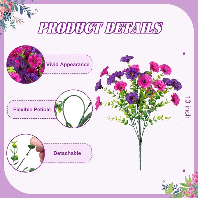 Artificial Flowers for Outdoors Decoration, 10 Bundles Fake Plastic Flower Plant, Faux Colorful Silk Morning Glory Petunias for Spring Summer Outside Garden Porch Front Door Decor, Purple