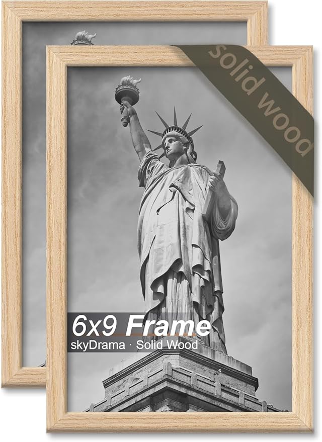 Natural Solid Wood 6x9 Picture Frame, Display 6 x 9 Inch Picture Poster Photo, Vertical & Horizontal Wall Hanging - 2 Pack/Natural/6"x9"