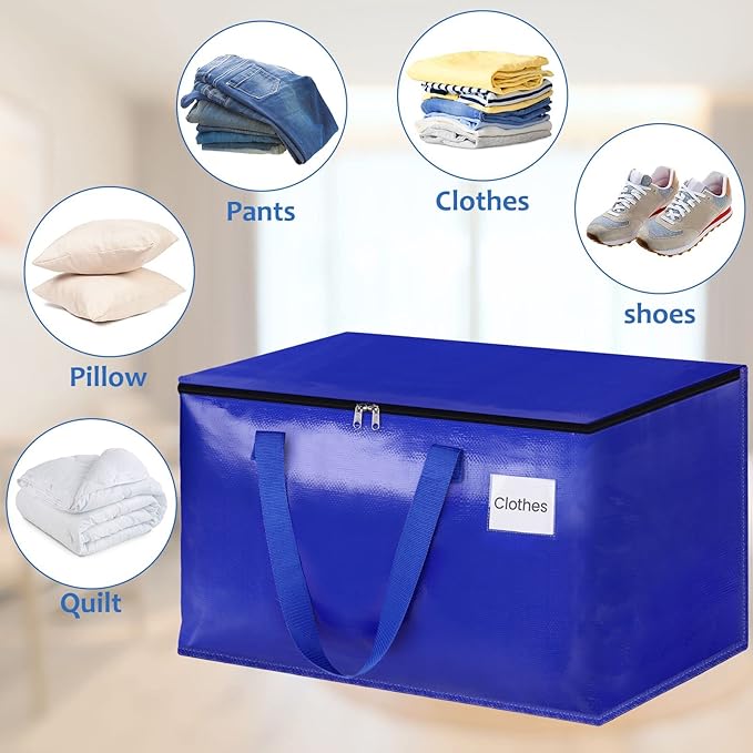 Moving Bags, Storage Bags with Sturdy Handles and Heavy Duty Zippers, Storage Totes for Space Saving, Moving & Storage, Collapsible Moving Supplies(100L, 6-Pack, Blue)