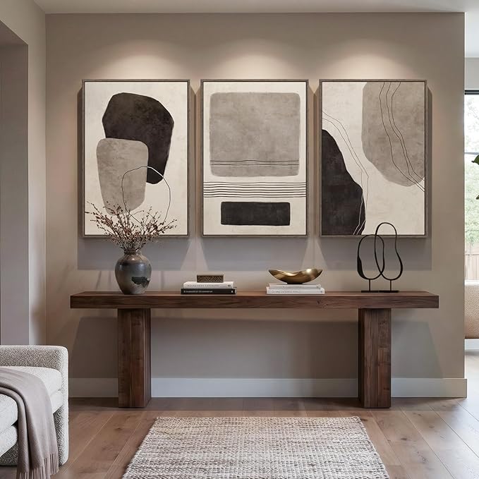 Large Framed Neutral Abstract Wall Art for Living Room, 3 Piece Black and White Canvas Prints Paintings Artwork for Walls, Modern Minimalist Pictures Wall Decor for Bedroom Dining Room Office 24x36 In
