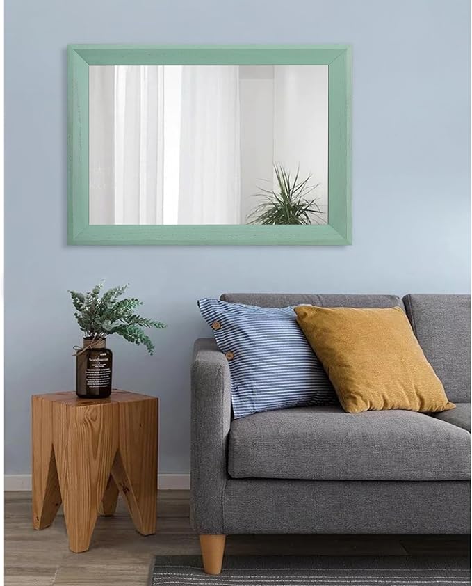 AAZZKANG Wood Framed Mirror Rectangle Modern Farmhouse Wall Mirrors Decor Large 28"x20" for Bedroom Living Room Bathroom Dressing Room Green
