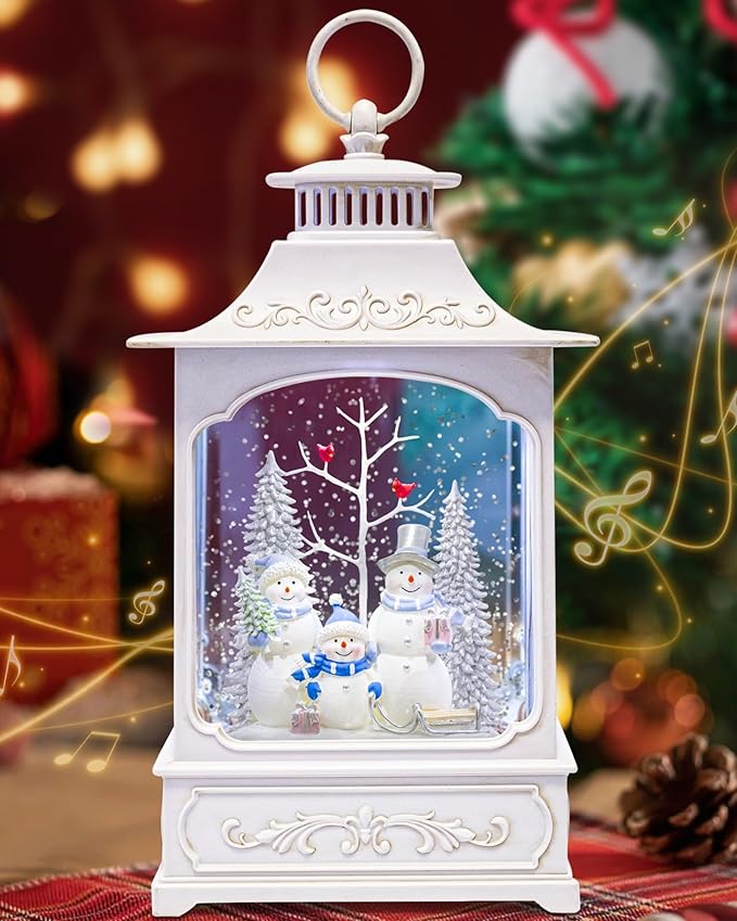 Large Christmas Snowman Snow Globe Light up Lantern with 8 Songs, 9.84" White Christmas Snow Globes for Kids Adults, 6H Timer & Dual Power, Snowglobes Christmas Decorations Indoor Silver Blue Snowman