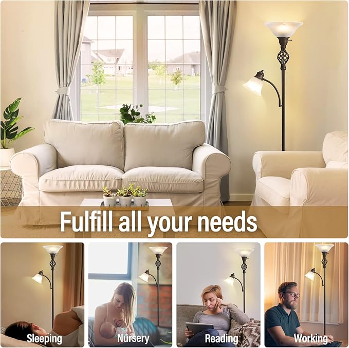 GyroVu Torchiere Floor Lamp for Living Room, LED Standing Reading Light for Bedroom with Glass Shade for Living Room Corner Bedroom Home Office,Bulbs Included (Red Brown,Glass 2 Head)