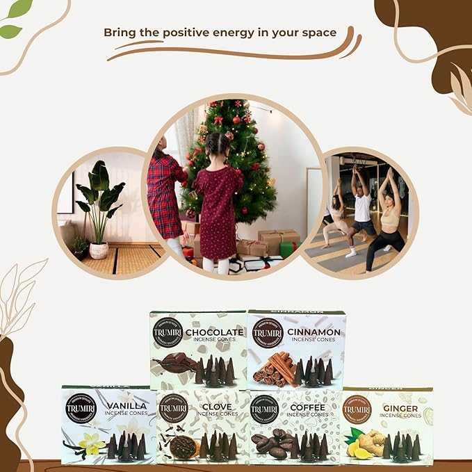 TRUMIRI Gourmet Incense Cones - Variety Pack - Total 60 Cone Incense (6 Scents x 10 Conos) - Vanilla, Cinnamon, Coffee, Chocolate, Clove, Ginger - Cone Incense Scents - Insense Cones - Incent Cone