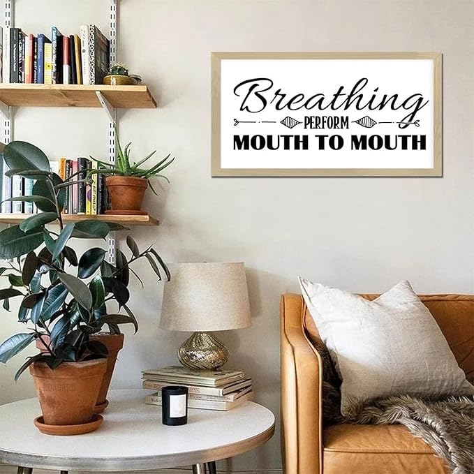 Chic Style Encouragement Quote Hanging Wall Sign with Bible Quotes Breathing Perform Mouth to Mouth Beige Frame Wooden Plaque for Washroom Farmhouse Cottage Porch Wall Decor Housewarming Gift 12x22in