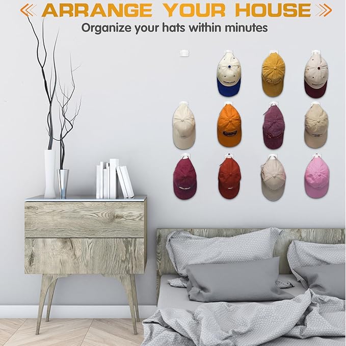 Adhesive Hat Hooks for Wall (12 PCS) - Hat Racks for Baseball Caps, Minimalist Hat Rack Design, Strong Hold Hat Hangers, No Drilling, Hat Holder Organizer for Wall (White)