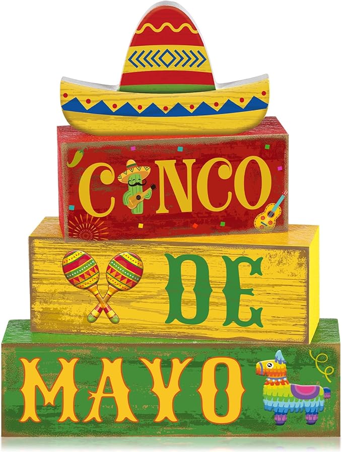Yuntau 4 Pcs Cinco De Mayo Decorations Wooden Mexican Table Farmhouse Cinco De Mayo Tiered Tray Decor Fiesta Stacked Blocks Tabletop Decorative Book Mexican Centerpieces for Carnival Shelf Home