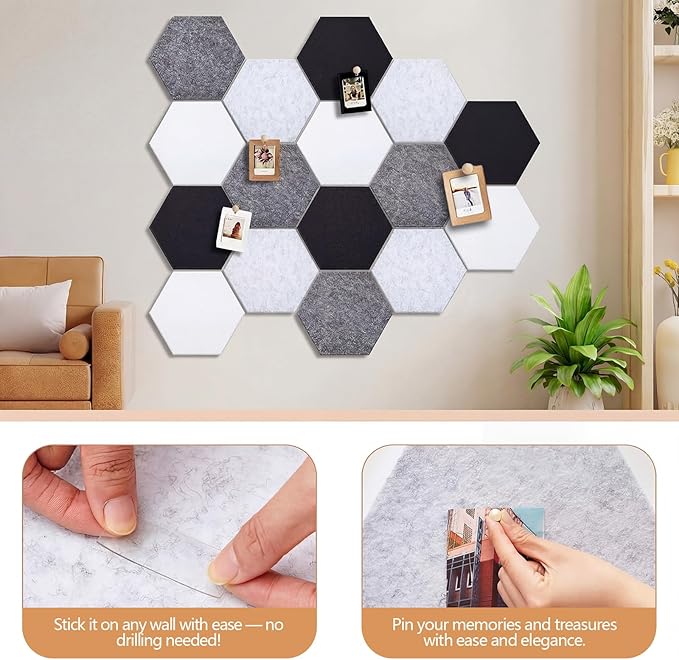 Mindsoft 16 Pcs Hexagon Cork Board for Walls with 50 Wooden Push Pins 12x10 in Felt DIY Tiles Notice with Nano Tape Hanging Bulletin Board for Home Photo Office Memo Note(Grey)