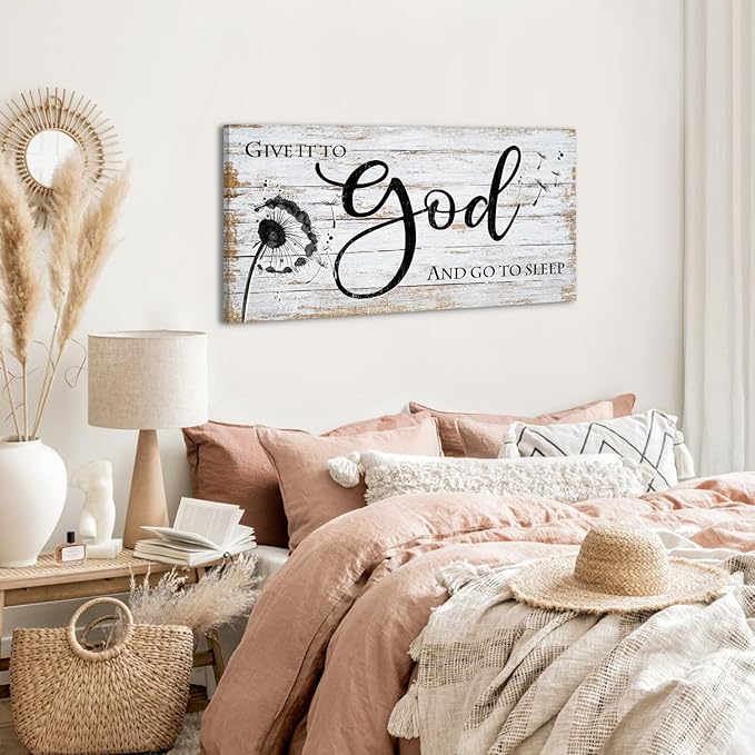 Give it to god and go to sleep Sign Wall Art Christian Bible Verses Wall Decor for Master Bedroom Dandelion Picture Canvas Rustic Religious Poster Painting Retro Quotes Artwork Home Decoration 24x48”