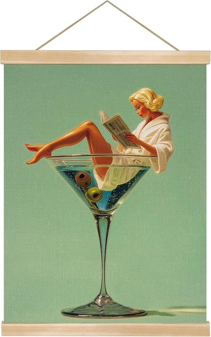 Martini Girl Wall Art, Vintage Glam Cocktail Poster, Retro Fashion Woman in Martini Glass Canvas Print, Chic Bar Lounge Wall Decor for Dining Room Kitchen or Home Office,Holiday Gift for Women 14x18.5 Inch (Green-Woman03)