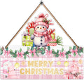 1PCS Merry Christmas Wall Hanging Sign, Pink Wooden Sign for Front, Chrismas Theme Welcome with Snowman, Perfect for Winter Farmhouse Garden Porch Wall Decor (Christmas Door Sign)